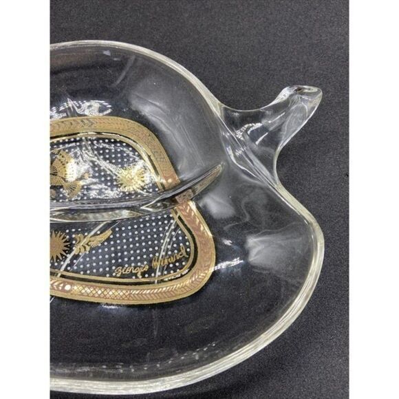 Vintage Georges Briard leaf Shaped Glass Relish Dish With Gold Designs MCM - Picture 4 of 12